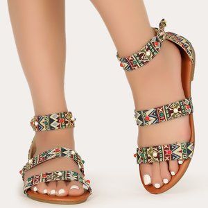 Anna Woven Beaded Triple Strap Boho Tribal Print Vacation Summer Flat Sandals
